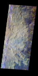 This false-color image released on May 25, 2004 from NASA's 2001 Mars Odyssey of rampart crater ejecta on Mars was acquired Feb. 16, 2003, during northern summer.