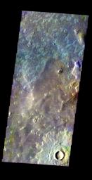 This false-color image released on May 26, 2004 from NASA's 2001 Mars Odyssey of a crater in Acidalia Planitia on Mars was acquired March 8, 2003, during northern summer.