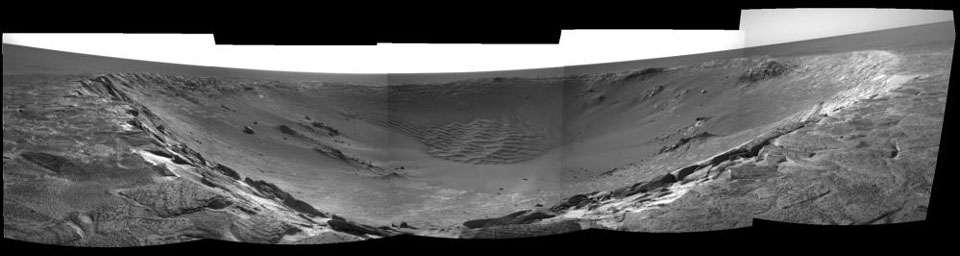 This image taken on May 1, 2004, by NASA's Mars Exploration Rover Opportunity shows the impact crater known as 'Endurance.' The rover had been traversing the rim of the crater looking for a suitable entry point to the crater.