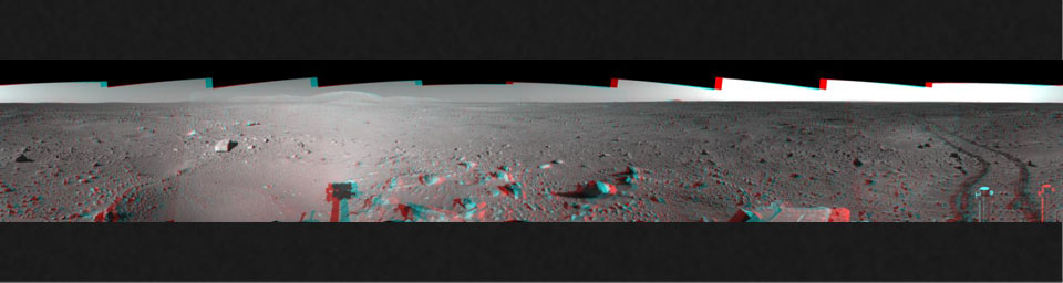 This 360-degree three dimensional anaglyph view from NASA's Mars Exploration Rover Spirit highlights Gusev crater on sol 142. 3D glasses are necessary to view this image.
