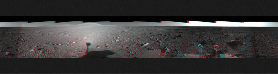 This 360-degree three dimensional anaglyph view from NASA's Mars Exploration Rover Spirit highlights Gusev crater on sol 147. 3D glasses are necessary to view this image.