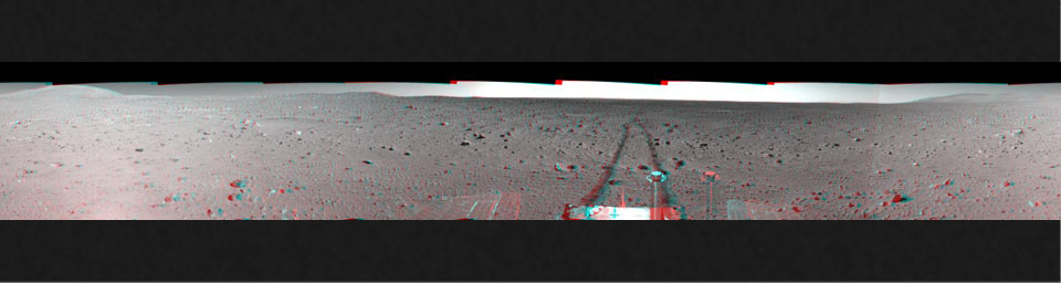 This 3-D cylindrical-perspective mosaic was created from navigation camera images that NASA's Mars Exploration Rover Spirit captured on on sol 151. 3D glasses are necessary to view this image.