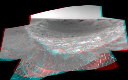 This stereo anaglyph from NASA's Mars Exploration Rover Spirit looks toward the northeast across 'Endurance Crater' in Mars' Meridiani Planum region. 3D glasses are necessary to view this image.