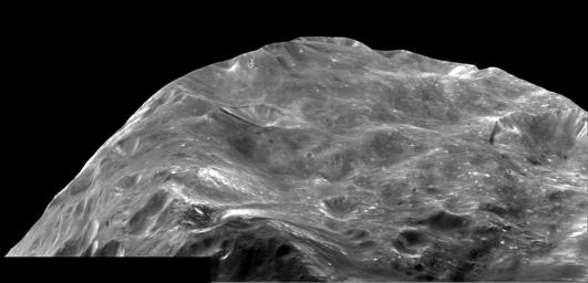 A mosaic of two images of Saturn's moon Phoebe taken shortly after NASA's Cassini spacecraft flyby on June 11, 2004, gives a close-up view of a region near its South Pole.