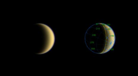 Following its first flyby of Titan, NASA's Cassini spacecraft gazed back at the smog-enshrouded moon's receding crescent.