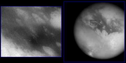 Shown here are two images of the expected landing site of NASA's Cassini's Huygen's probe (latitude 10.6 S, longitude 191 W).