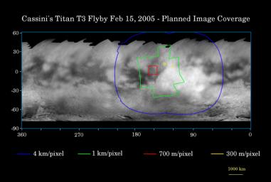This map of the surface of Saturn's moon Titan illustrates the regions that will be imaged by NASA's Cassini spacecraft during the fourth flyby of the smoggy moon on Feb. 15, 2005.
