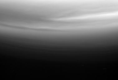 Multiple upper stratospheric haze layers are evident in this ultraviolet view from NASA's Cassini spacecraft looking toward Titan's south pole.