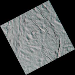 This high-resolution stereo anaglyph captured by NASA's Cassini spacecraft of Saturn's moon Enceladus shows a region of craters softened by time and torn apart by tectonic stresses. 3D glasses are necessary to view this image.