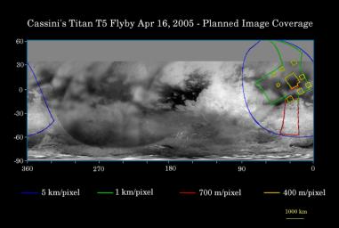 This map of Titan's surface illustrates the regions that will be imaged by NASA's Cassini during the spacecraft's close flyby of the smog-enshrouded moon on April 16, 2005.