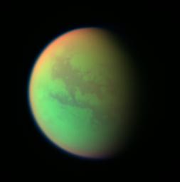 This false-color composite was created with images taken during NASA's Cassini spacecraft's closest flyby of Titan on April 16, 2005.