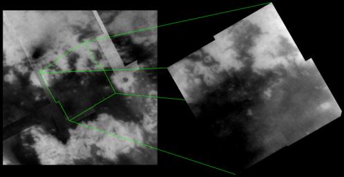 Images of Titan's surface taken by NASA's Cassini spacecraft on April 16, 2005 flyby continue to reveal the incredibly intricate nature of the boundaries between dark and bright material.