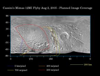 This map of the surface of Saturn's moon Mimas illustrates the regions that were imaged by NASA's Cassini spacecraft during the spacecraft's flyby of the moon on Aug. 2, 2005.