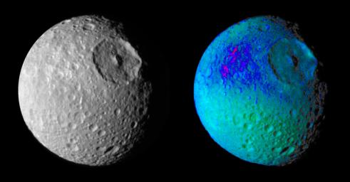 False color images of Saturn's moon, Mimas, reveal variation in either the composition or texture across its surface.