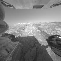 This image taken by the hazard-avoidance camera shows NASA's Mars Exploration Rover Opportunity's rear view from its new position about 5 meters (16 feet) inside 'Endurance Crater.' This image was taken on June 12, 2004.