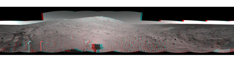 NASA's Mars Exploration Rover took the images that make up this 360-degree mosaic anaglyph highlighting Spirit's arrival at the base of the Columbia Hills. 3D glasses are necessary to view this image.