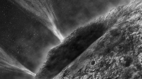 This is an artist's concept depicting a view of comet Wild 2 with emanating jets as seen from NASA's Stardust spacecraft during its flyby of the comet on Jan. 2, 2004.