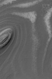 NASA's Mars Global Surveyor shows exposures of layered material on slopes in the south polar region on Mars.