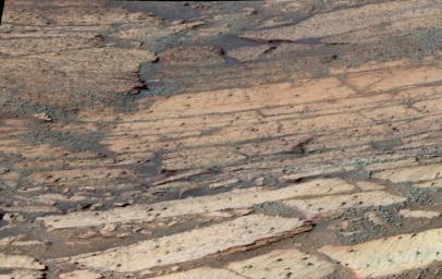 This false-color image shows the area inside 'Endurance Crater' examined by NASA's Mars Exploration Rover Opportunity. The rover is investigated the distinct layers of rock that make up this region.