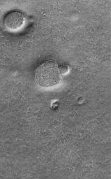 NASA's Mars Global Surveyor shows polygonal patterned ground on a south high-latitude plain on Mars. The outlines of the polygons, like the craters and hills in this region, are enhanced by the presence of bright frost left over from the previous winter.