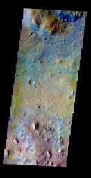 This false-color image released on June 9, 2004 from NASA's 2001 Mars Odyssey was collected June 23, 2002 during northern spring season. The image shows an area in the Nili Fossae region on Mars.