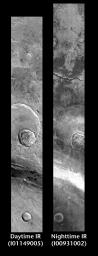 This pair of images released on June 15, 2004 from NASA's 2001 Mars Odyssey shows a comparison of daytime and nighttime of part of the Ares Valles region on Mars.