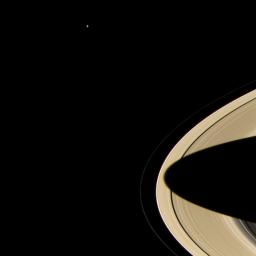 Saturn's rings appear golden as the planet's shadow drapes across nearly the whole span of the rings. This image from NASA's Cassini spacecraft shows Saturn's moon Mimas in the upper left corner.