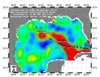 This sea surface height map of the Gulf of Mexico, with the Florida peninsula on the right and the Texas-Mexico Gulf Coast on the left, is based on altimeter data from four satellites including NASA's Topex/Poseidon and Jason.