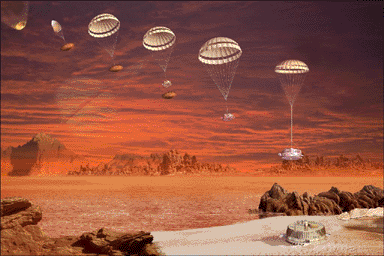 The artist's concept shows the European Space Agency's Huygens probe descent sequence. The probe was delivered to Saturn's moon Titan by NASA's Cassini spacecraft, which is managed by NASA's Jet Propulsion Laboratory.