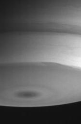 Structures in the turbulent cloud bands near Saturn's south pole are visible in this infrared view. This image was captured by NASA's Cassini spacecraft.