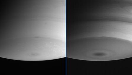 These two images, taken at about the same time, demonstrate the amazing ability of NASA's Cassini spacecraft's cameras to probe the different layers in Saturn's atmosphere.