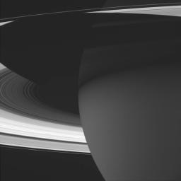 Saturn's shadow stretches across the rings in this image captured by NASA's Cassini spacecraft.