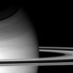 NASA's Cassini spacecraft pierced Saturn's ring plane on Dec. 14, 2004, and swiped this sidelong glance at the planet and its magnificent rings.