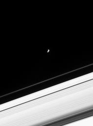 NASA's Cassini spacecraft spied the heavily cratered, irregularly shaped moon of Saturn as it glided along in its orbit, about 11,000 kilometers beyond the bright core of the narrow F ring.