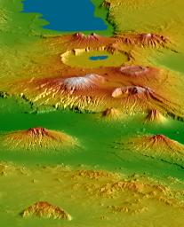 NASA's Shuttle Radar Topography Mission shows the Crater Highlands of Tanzania rising far above the adjacent savannas.