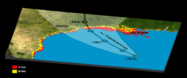 The Gulf Coast from the Mississippi Delta through the Texas coast is shown in this satellite image from NASA's Terra spacecraft, and the predicted storm track for Hurricane Rita acquired in February, 2000.