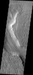 This image released on July 17, 2004 fromNASA's 2001 Mars Odyssey shows that eons of atmospheric dust storm activity has left its mark on the surface of Mars. Yardangs form in channel floor deposits.