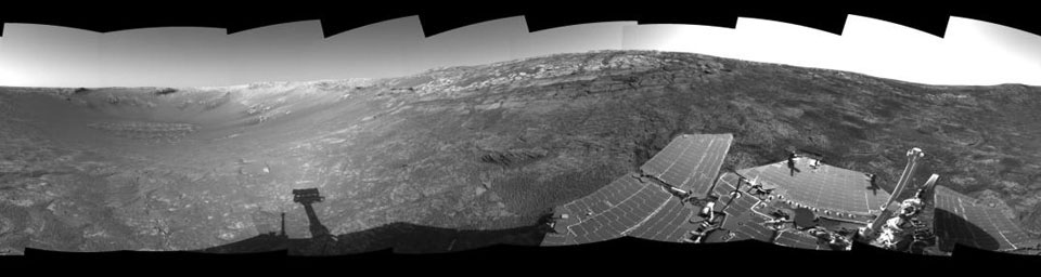 This 360-degree view of the terrain surrounding NASA's Mars Exploration Rover Opportunity was taken on the rover's 171st sol on Mars (July 17, 2004). It was assembled from images taken by the rover's navigation camera .