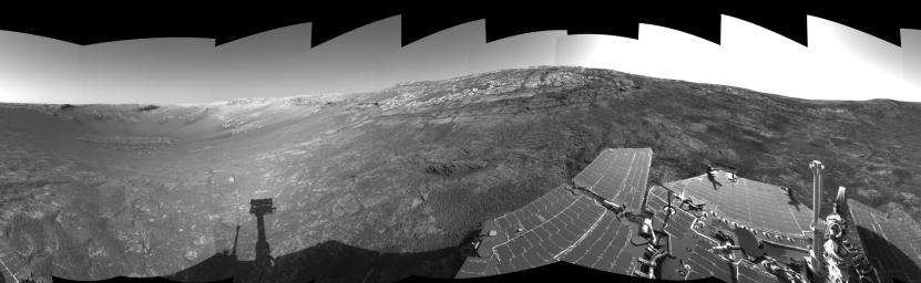 This left-eye view of the terrain surrounding NASA's Mars Exploration Rover Opportunity was taken on the rover's 171st sol on Mars (July 17, 2004). It was assembled from images taken by the rover's navigation camera.