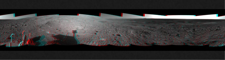 This 360-degree stereo anaglyph of the terrain surrounding NASA's Mars Exploration Rover Opportunity was taken on the rover's 189th sol on Mars. 3D glasses are necessary to view this image.