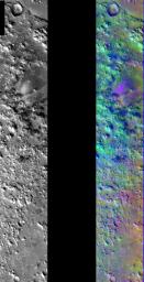 This image released on July 25, 2004 from NASA's 2001 Mars Odyssey shows a decorrelation stretch near Cerberus Fossae. Pink/magenta colors usually represent basaltic content, cyan indicates the presence of water ice clouds, while green can represent dust.