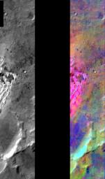 This image released on July 28, 2004 from NASA's 2001 Mars Odyssey shows a decorrelation stretch near Kaiser Crater. Pink/magenta colors usually represent basaltic dunes, cyan indicates the presence of water ice clouds, while green can represent dust.