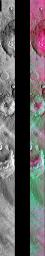 This image released on July 30, 2004 from NASA's 2001 Mars Odyssey shows a decorrelation stretch near Hesperia Planum. Pink/magenta colors usually represent basaltic dunes, cyan indicates the presence of water ice clouds, while green can represent dust.