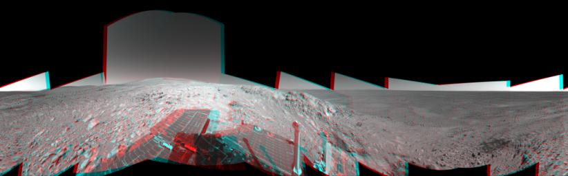 NASA's Mars Exploration Rover Spirit has been making tracks on Mars for seven months now, well beyond its original 90-day mission, when it reached 'Columbia Hills.' 3D glasses are necessary to view this image.