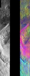 This image released on August 4, 2004 from NASA's 2001 Mars Odyssey shows a decorrelation stretch in Gale Crater. Pink/magenta colors usually represent basaltic dunes, cyan indicates the presence of water ice clouds, while green can represent dust.
