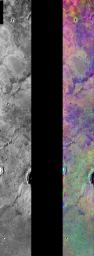 This image released on August 5, 2004 from NASA's 2001 Mars Odyssey shows a decorrelation stretch of the Solis Planum region. Pink/magenta colors usually represent basaltic dunes, cyan indicates the presence of water ice clouds and green represents dust.