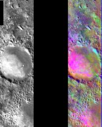 This image released on August 6, 2004 from NASA's 2001 Mars Odyssey shows a decorrelation stretch near Nili Fosse. Pink/magenta colors usually represent basaltic dunes, cyan indicates the presence of water ice clouds, while green can represent dust.