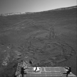 NASA's Mars Exploration Rover Opportunity shows its wheel tracks, an artifact of the difficult terrain faced by NASA's Mars Exploration Rover Opportunity deep inside 'Endurance Crater' on Mars.