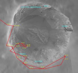 This overview of 'Endurance Crater' traces the circuitous path of NASA' Mars Exploration Rover Opportunity from sol 94 (April 29, 2004) to sol 205 (August 21, 2004).