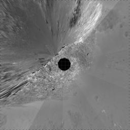 This navigation camera mosiac created from images taken by NASA's Mars Exploration Rover Opportunity shows a dramatic view of 'Endurance Crater' on Mars.